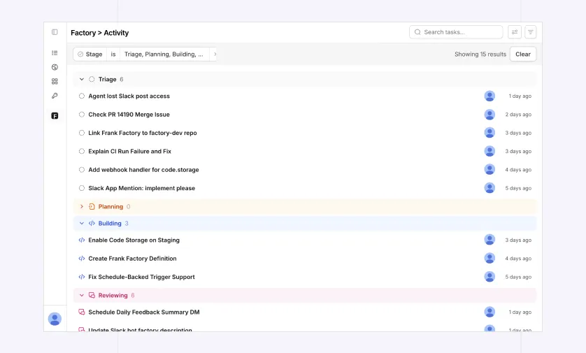 The Activity page with a Stage filter chip applied above the work item list, plus a search box and results count.